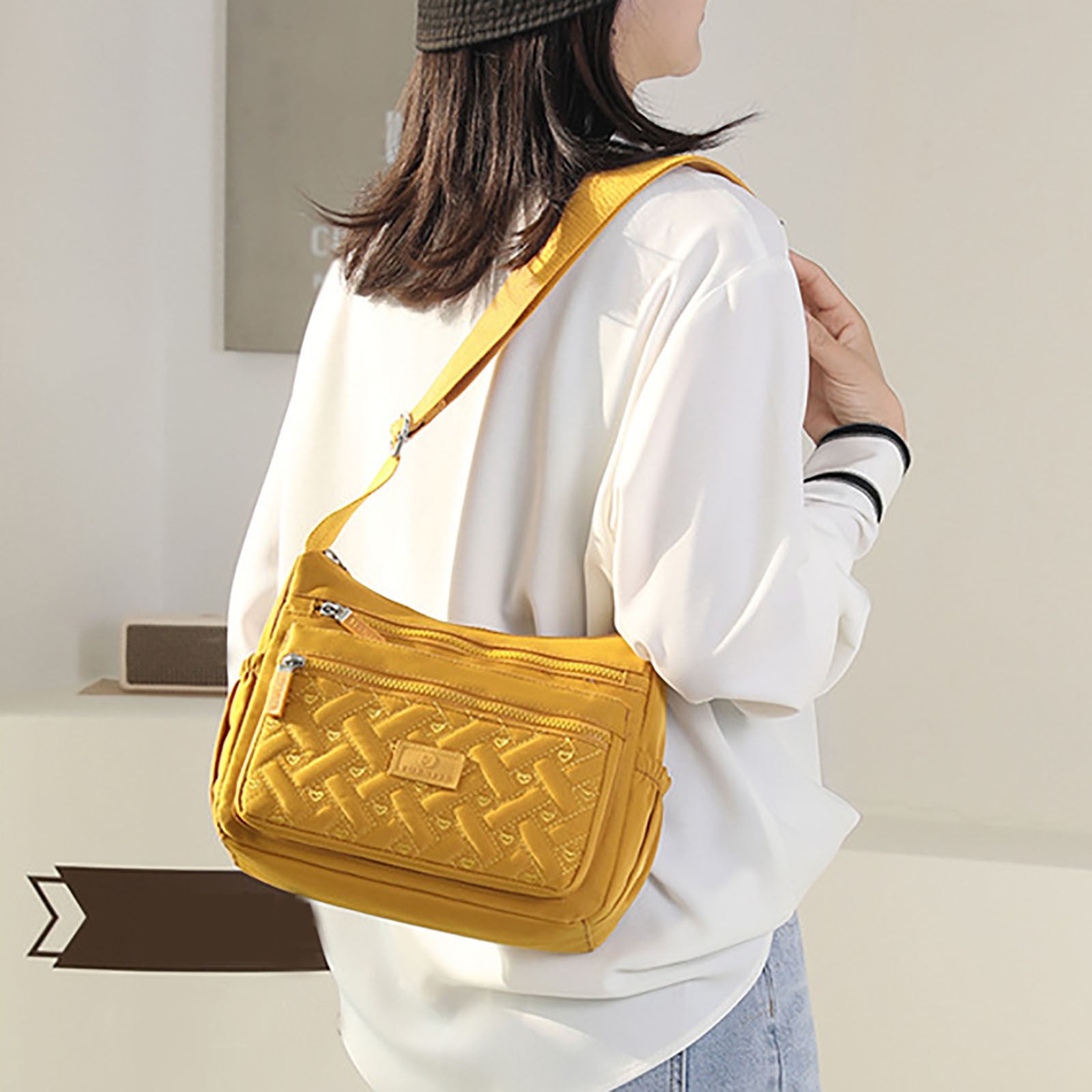 Crossbody Bags for Women Waterproof Nylon Shoulder Bag Roomy Multiple Pockets Messenger Purses Handbags with Adjustable Shoulder Strap Yellow