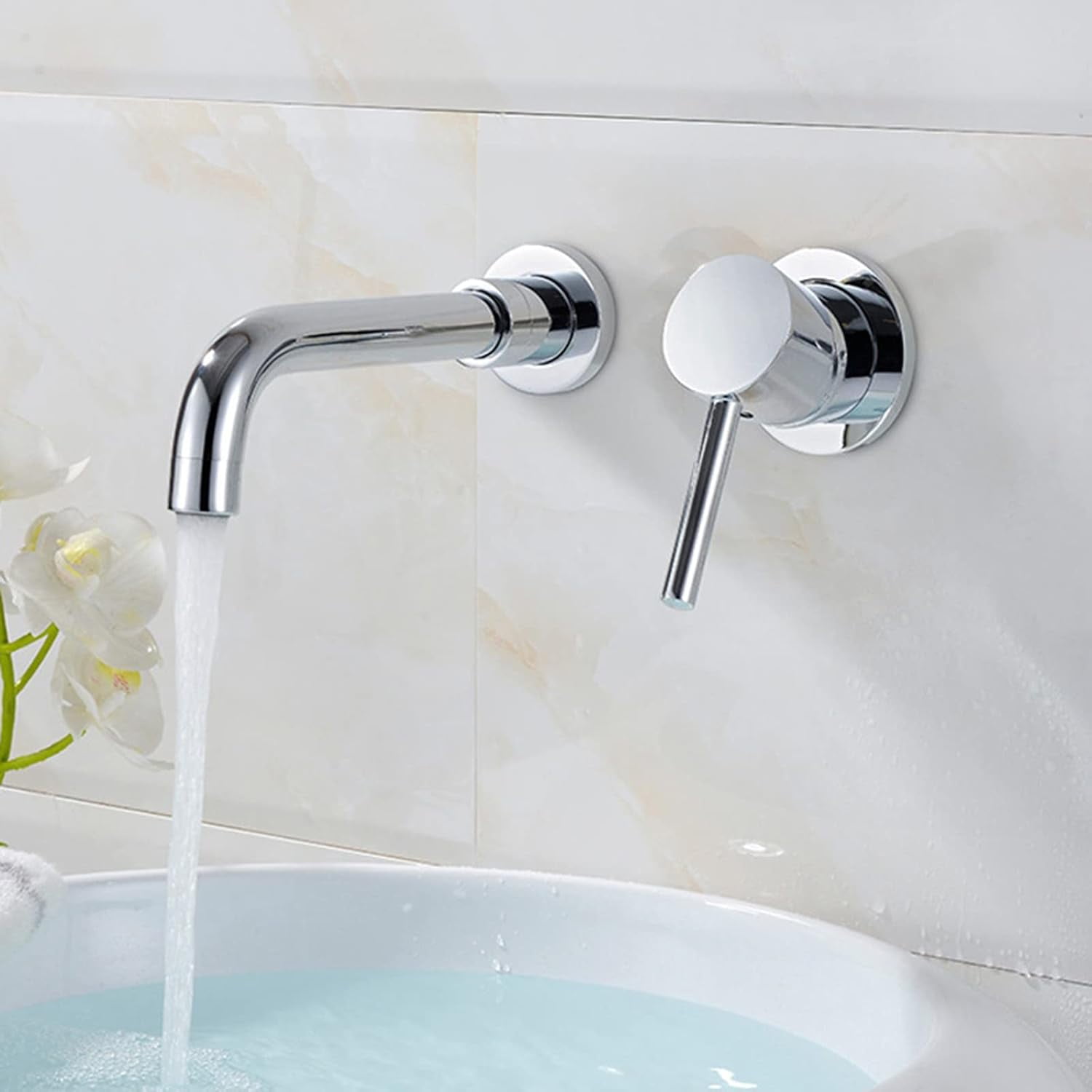 Wall Mount Bathroom Faucet, Single Handle Wall Mounted Bathroom Sink Faucet, Hot and Cold, Basin Mixer Tap Faucet, Chrome Plated, One-Piece