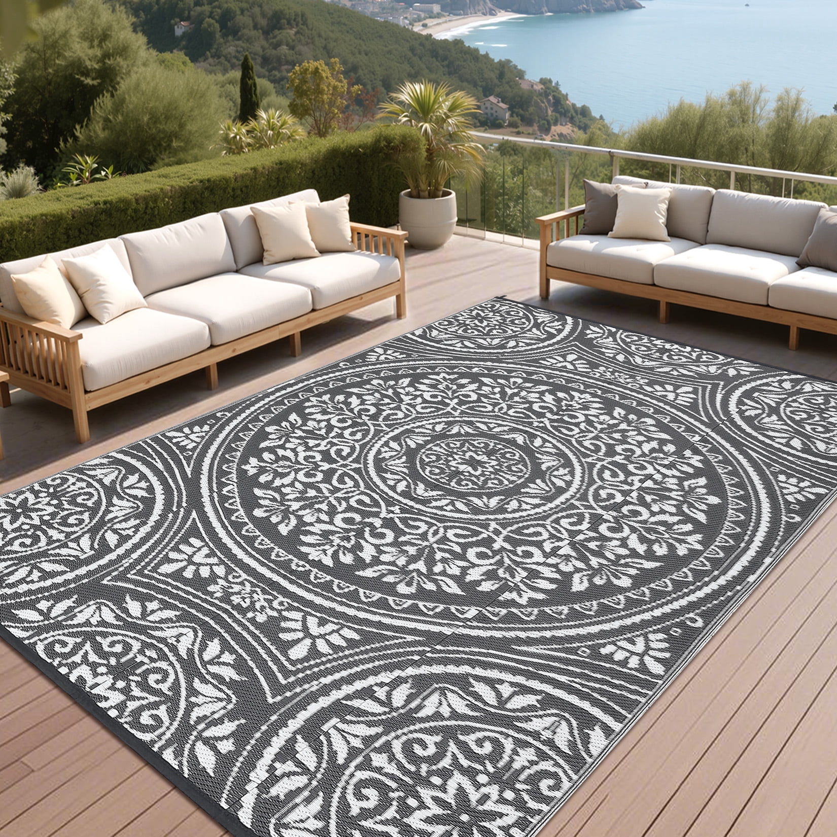 HIWEAVER 9' x 18' Gray/White Outdoor Rug PP Plastic Straw Woven Waterproof Patio Rug with Border Portable Outside Carpet for Balcony Deck Picnic Garden Decor