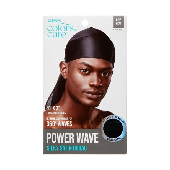 KISS Colors & Care Power Wave Silky Satin Durag, Hair Scarf for Men, One Size Fits All, Solid Black