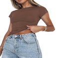 thumbnail image 2 of EIMELI Femmes Manches Courtes Slim Fitd Crop Top Casual Base Solid Pulls Tee Shirts Femme Streetwear Base Tees Tops Marron S, 2 of 6
