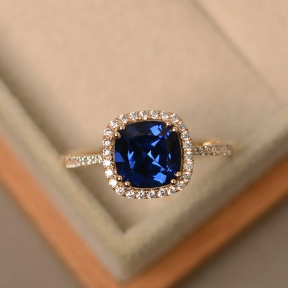 Unique sapphire engagement ring,cushion cut blue gemsotne,14k yellow gold Plated rings