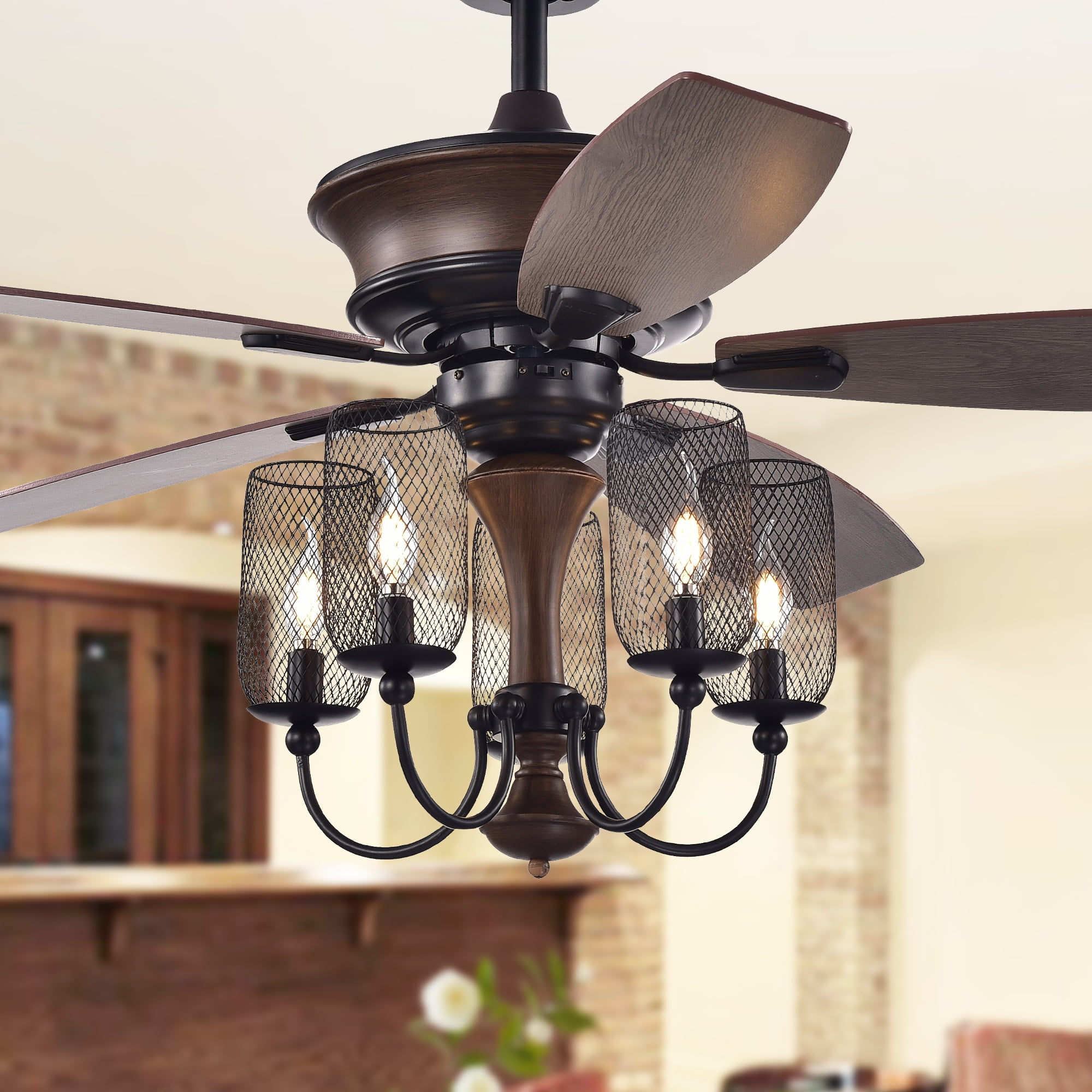 Slatin 52-inch 5-light Lighted Ceiling Fan with Mesh Shade Candelabra Chandelier (incl. Remote & 2 Color Option Fan Blades)