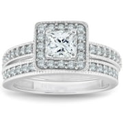 Pompeii 1ct Princess Cut Halo Diamond Engagement Wedding Ring Set 14K White Gold