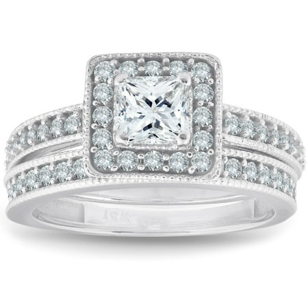 Pompeii 1ct Princess Cut Halo Diamond Engagement Wedding Ring Set 14K White Gold