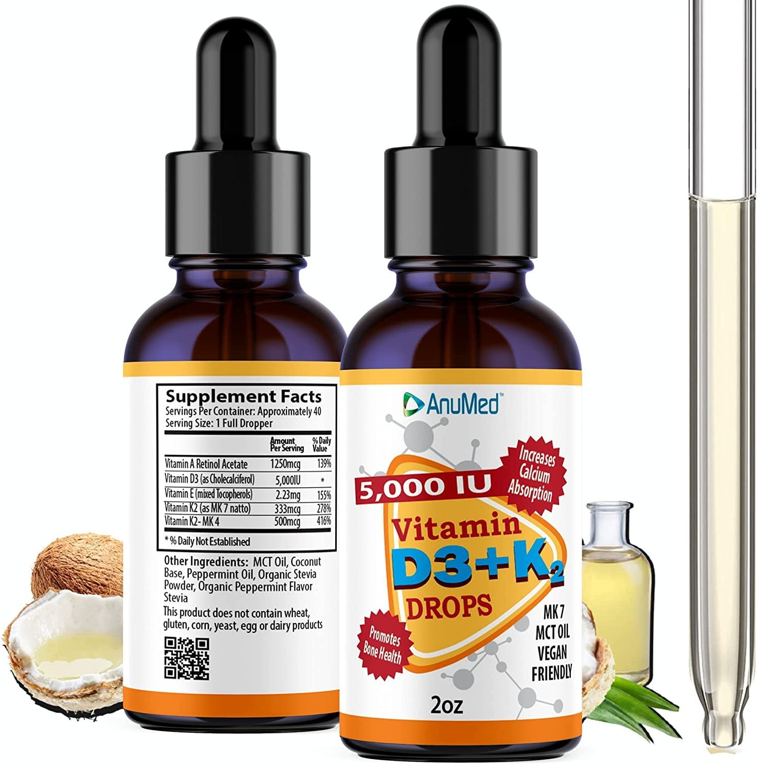 ANUMED Vitamin D3 + K2 5,000 IU Liquid Drops + Organic MCT Oil, Vitamin