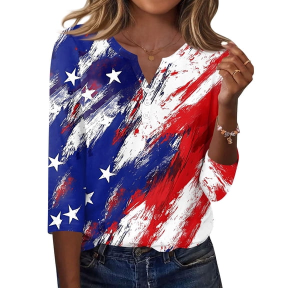 KDDYLITQ 250th Anniversary Usa Shirts Womens Usa Star Stripes 3/4 Sleeve Red White Blue T-Shirts Usa Flag Button V Neck Clothes Summer Athletic Tees Blue S