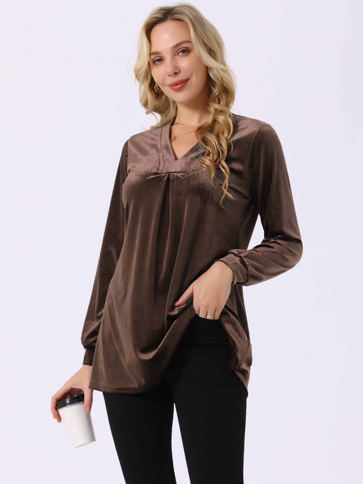 DARING DIVA Women's Velvet Top V Neck Long Sleeves Loose Blouse S Coffee