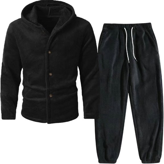 Men's Fleece Plush Loungewear Sets Bottoms Botton up Casual Jogging Gym Suit Jacket Black XL