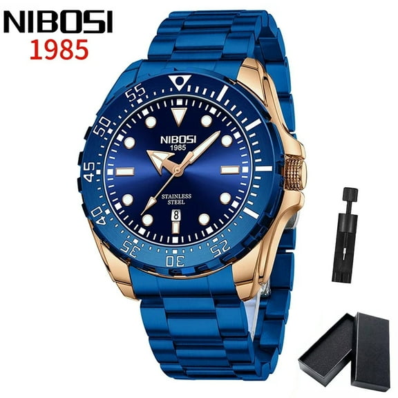 NIBOSI Mens Watches Luxury Dress Quartz Stainless Steel Waterproof Luminous Business Calendar Wrist Watch Blue Dial