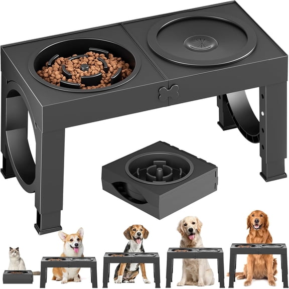 Elevated Dog Bowls Slow Feeder Dog Bowl Stand Food and Water Bowl Set for Large Medium Sized, 4 Heights Adjustable, Non-Slip, Durable, Prevents Bloating & Improves Digestion