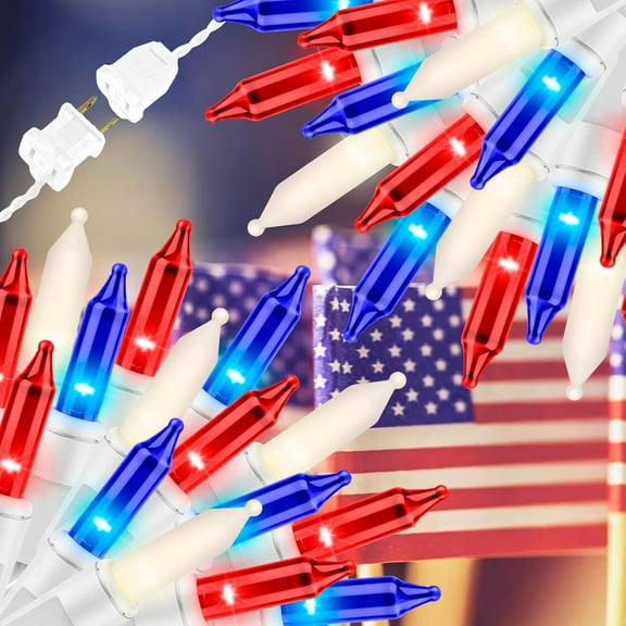 100-Light Red, White & Blue Patriotic Mini String Lights | 5.98m (19.6ft) UL Certified Waterproof | End Connectors | Extra-Bright for 4th of July, Home, Garden, Holiday Tree, Party, Patio Decor