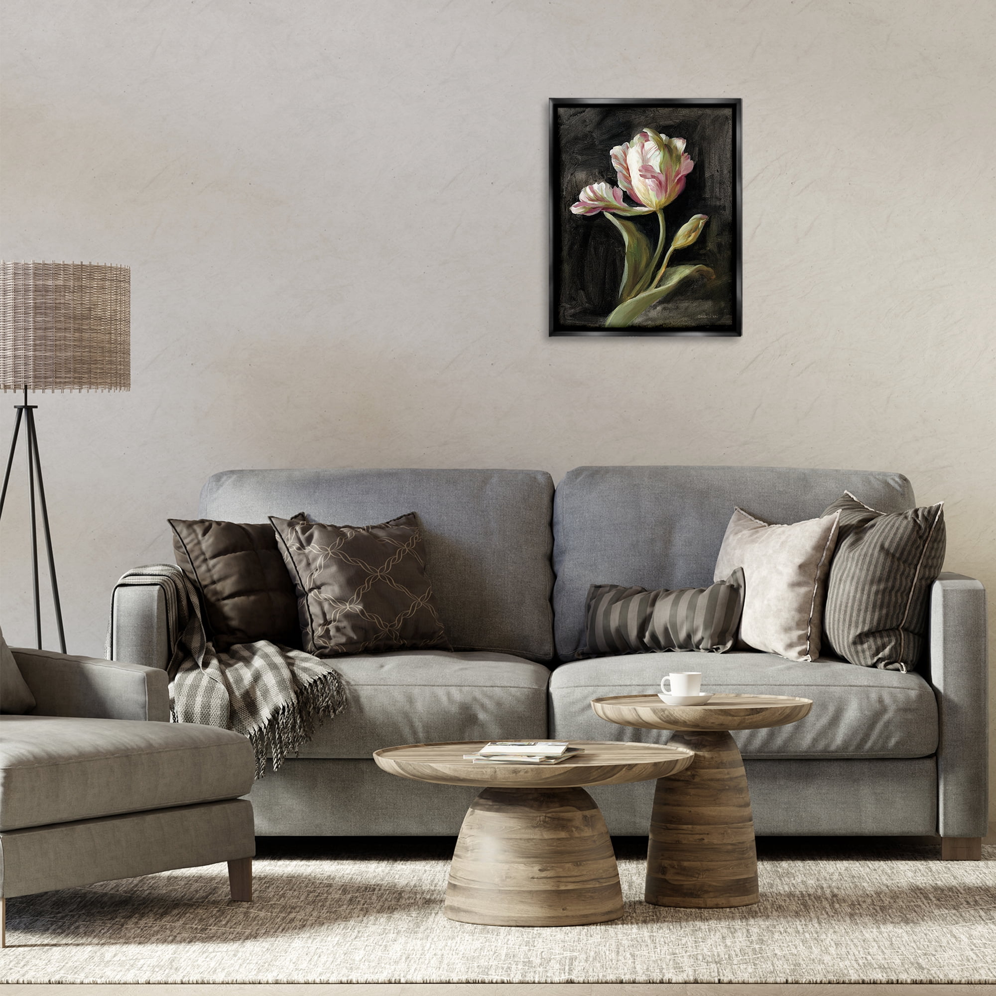 Stupell Industries Tulip on Black Plants & Flowers Painting Black Floater Framed Canvas Art Print Wall Art, 17 x 21