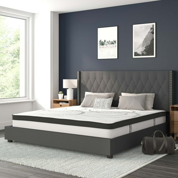 BizChair Riverdale King Size Tufted Upholstered Platform Bed in Dark Gray Fabric with 10 Inch CertiPUR-US Certified Pocket Spring Mattress