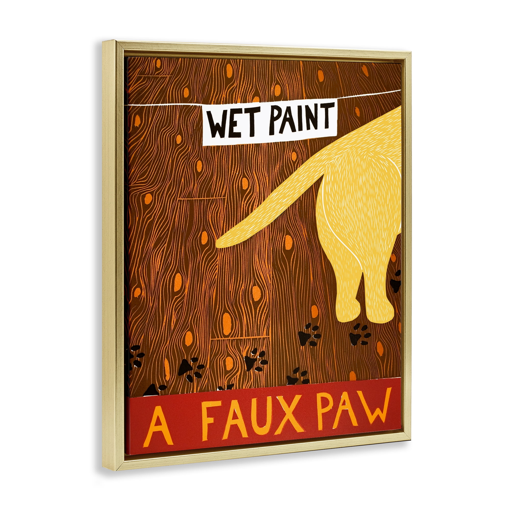 Wet Paint Faux Paw Gold Framed Floater Canvas Wall Art, design by Stephen Huneck