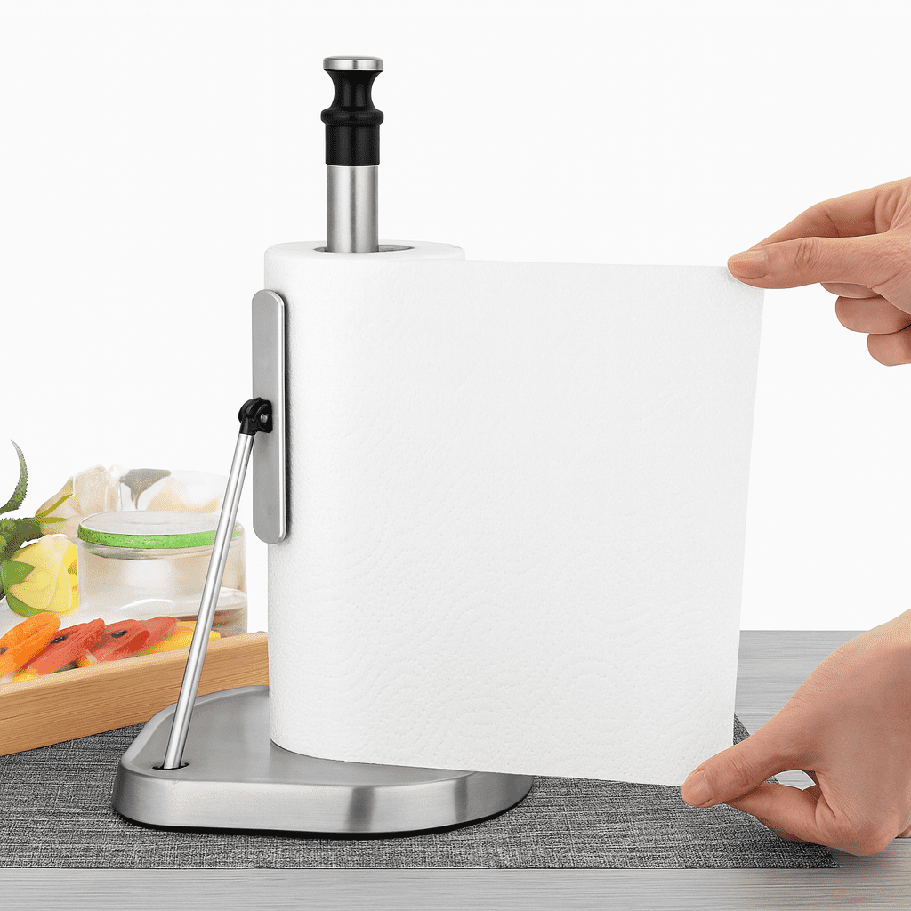 Brushed Stainless Steel Paper Towel Holder – Perfect Tear Technology, One-Handed Operation, Weighted Non-Slip Base, Fits Most Roll Sizes – 7"x17"x13.78" Countertop Dispenser