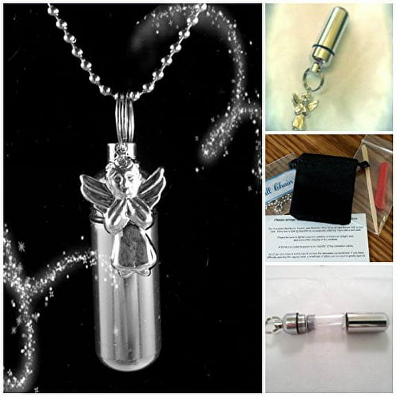 Lovely Praying ANGEL CREMATION URN on 24" Chain with Engraved Heart - Includes Velvet Pouch, Fill Kit & Instructions