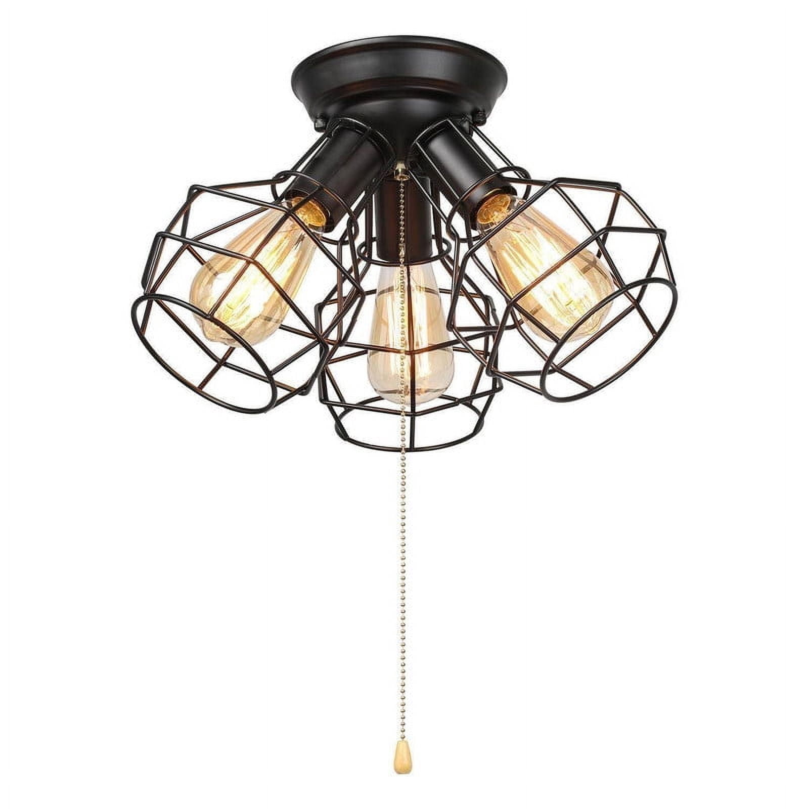 LNC Industrial Flush Mount Ceiling Light, 15" Black 3-Light Fixture with Cage & Pull Chain