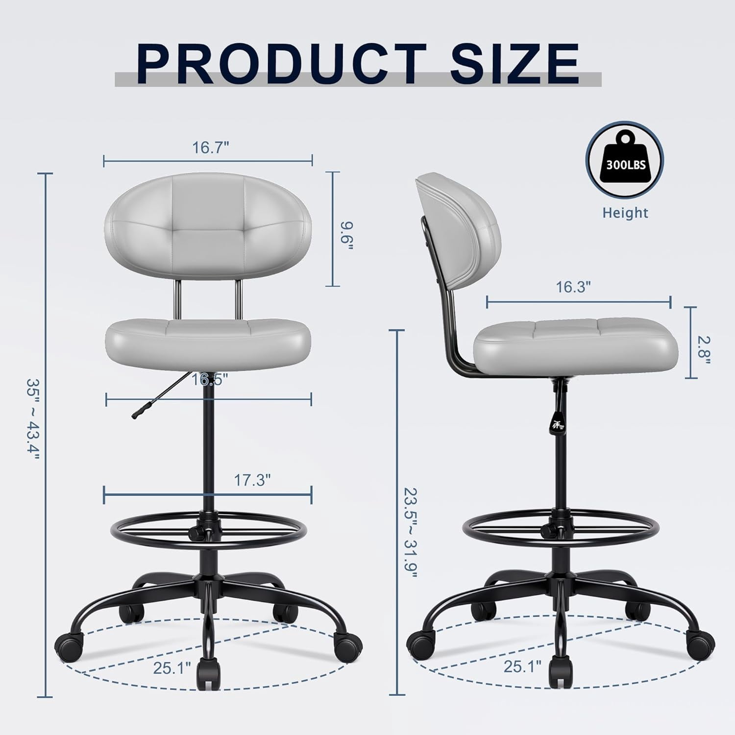 Drafting Chair, Armless Tall Office Chair with Footrest Ring for Standing Desk, Small Faux Leather Executive Computer Chair with Adjustable Height for Bar Lab Counter Height Desk, Gray