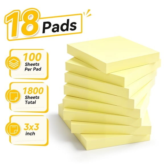 Deli Sticky Notes, 3'' x 3'',Self-Stick Memo Notes,100 Sheets,18 Pads,Canary Yellow