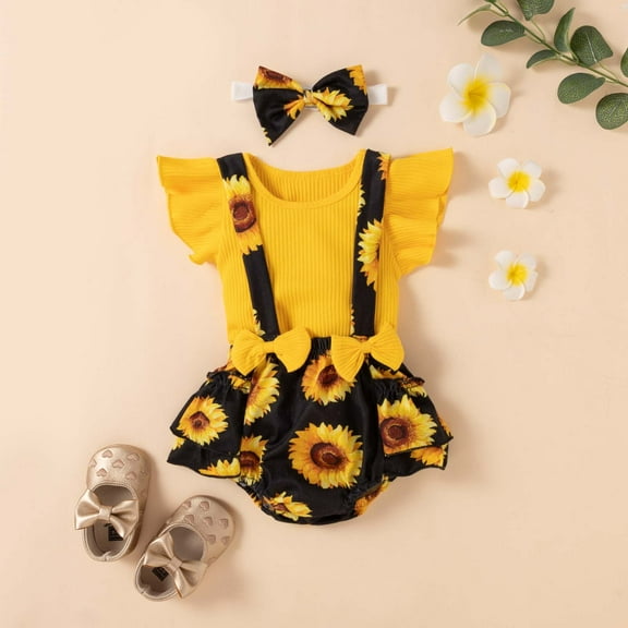 uublik Romper for Girls Summer Clothes Sleeveless Top Floral Print Pants Suit Yellow 12-18 Months
