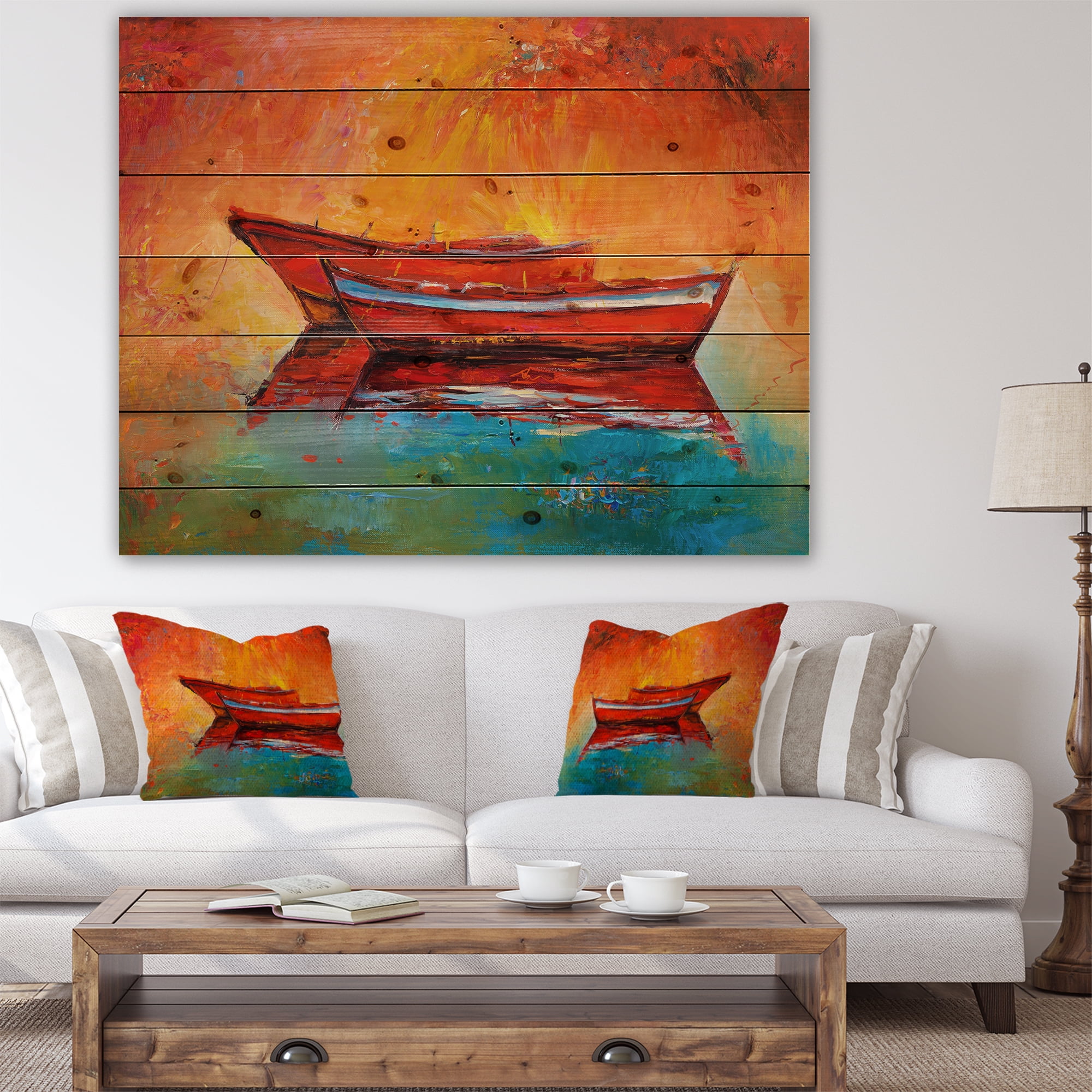 Designart 'Red Boats over Golden Sunset' Nautical Painting Print on Natural Pine Wood