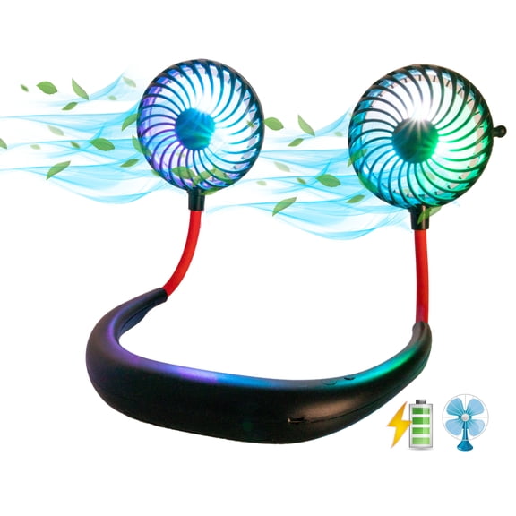 USB LED Neck Cooler Fan - Portable 2000 mAh Rechargeable Hand-Free Wearable Personal Neck Fan - Colorful LED - Black