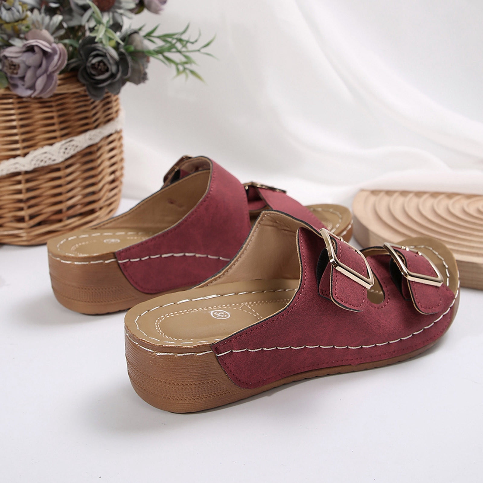 MLCDZ Summer Sandals for Women Orthopedic Wedge Shoes Comfortable Walking Slides Plantar Fasciitis Sandals with Arch Support Anti-Slip Beach Sandals Breathable Red 38