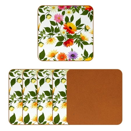 

YZUOUZY Coasters Coaster Pack of 6 Square Bar Coasters Leaves Gerbera Butterflies Vines