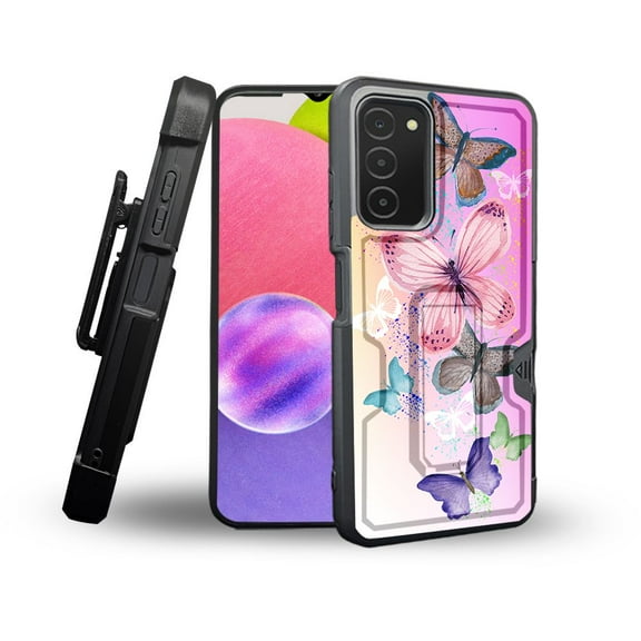 ANJ  Rugged Shockproof Holster Case Card Slot Kickstand   Tempered Glass Cover for Samsung Galaxy A03s - Butterfly Fantasy