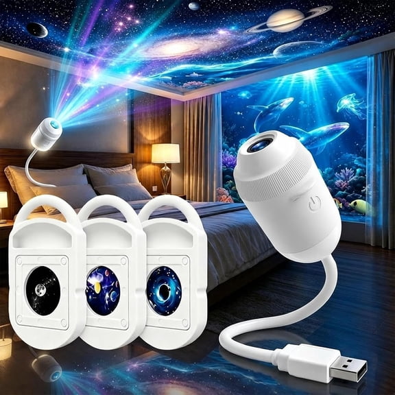 Galaxy Projector Night Light, Plug and Play 2-in-1 Night Light with 3 Film Slides, 360° Rotating USB Powered Ceiling Light for Bedroom Decor