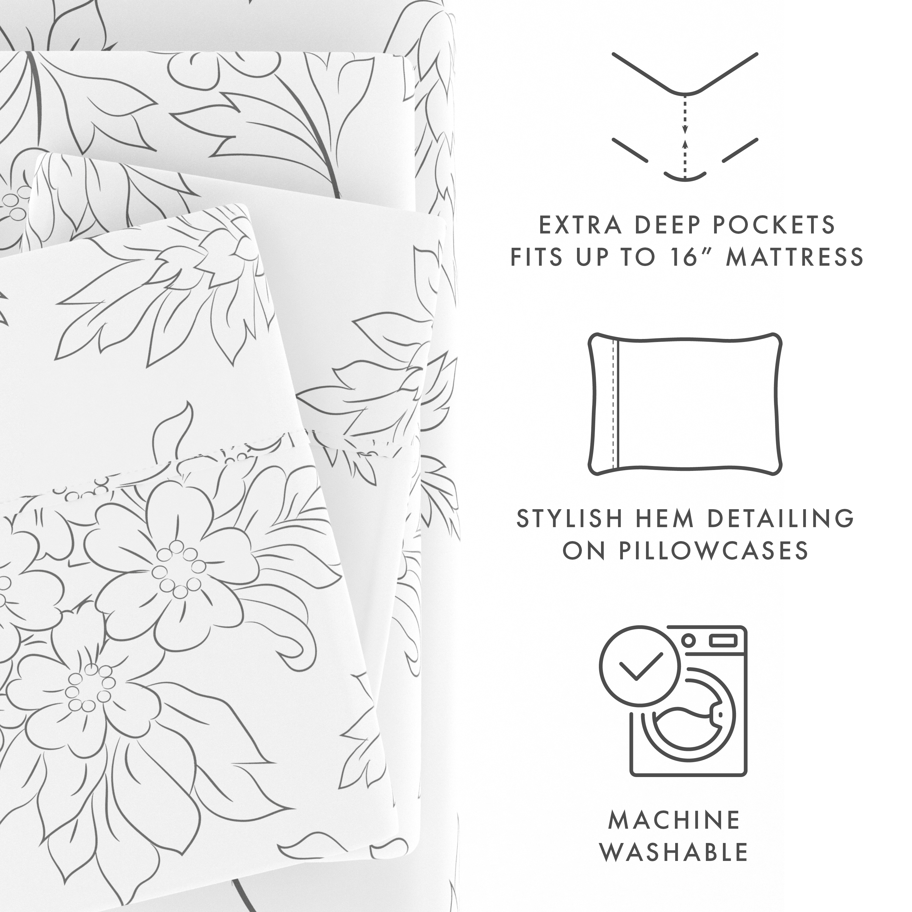 Noble Linens 4 Piece Pattern Microfiber Bed Sheets Set, Gray Vine, Queen