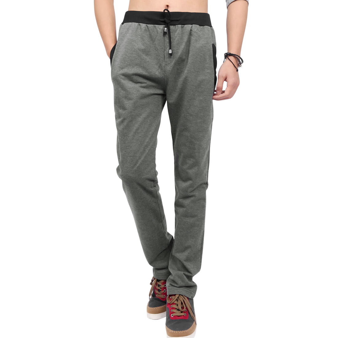 Men's Drawstring Waist Slant Pockets Slim Fit Casual Pants Gray (Size S ...