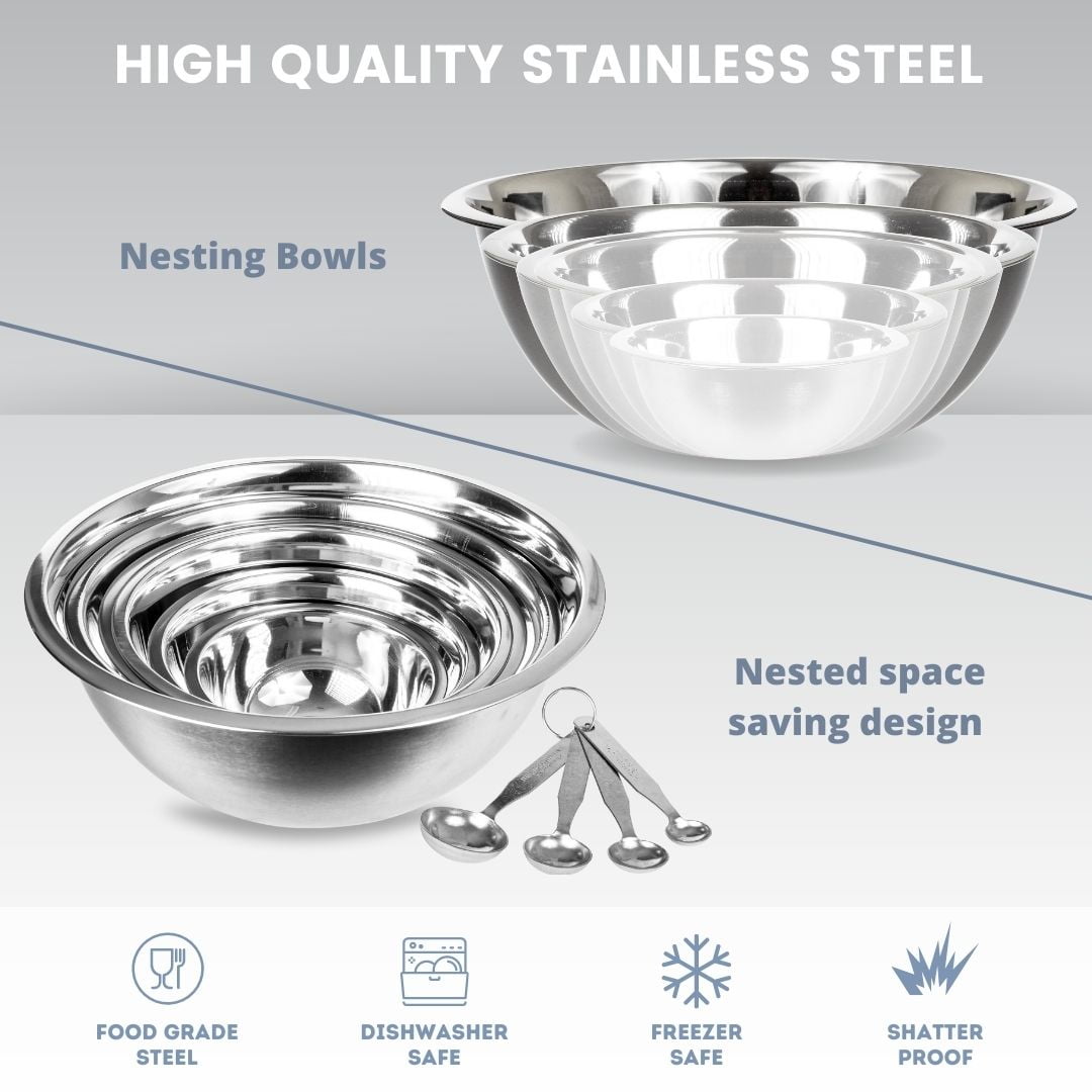 High Quality Large Stainless Steel 6 pcs Mixing Bowl Set - Free Measuring  Spoons 852038036328