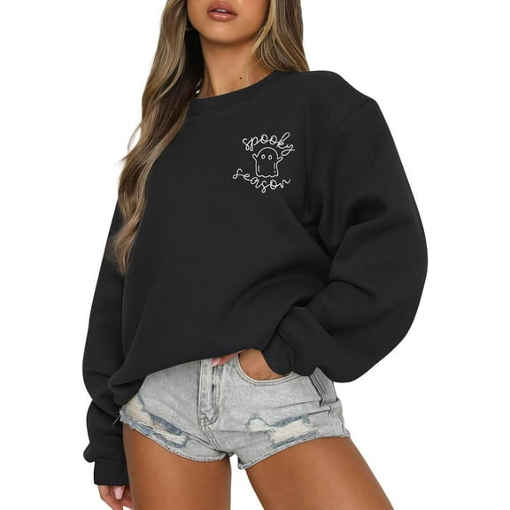 Halloween Spooky Season Sweatshirt for Women Cute Ghost Embroidered Fall Pullover Sweater Top