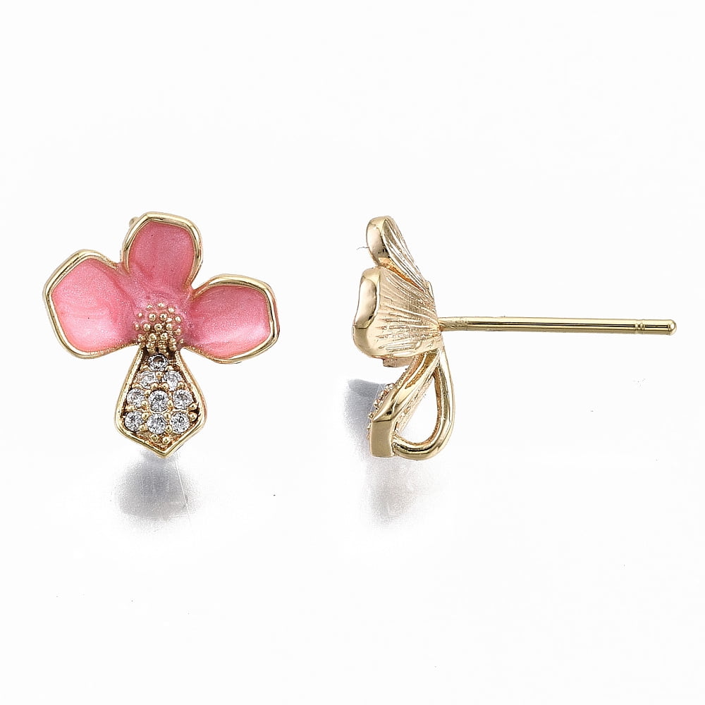 30 pc Brass Enamel Micro Clear Cubic Zirconia Stud Earring Findings with Loop Nickel Free Pink Flower Real 18K Gold Plated 12x11mm Hole: