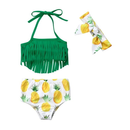

Canrulo 3PCS Newborn Baby Girl Bikini Set Tassels Tops Pineapple Bottoms Headband Green 0-6 Months