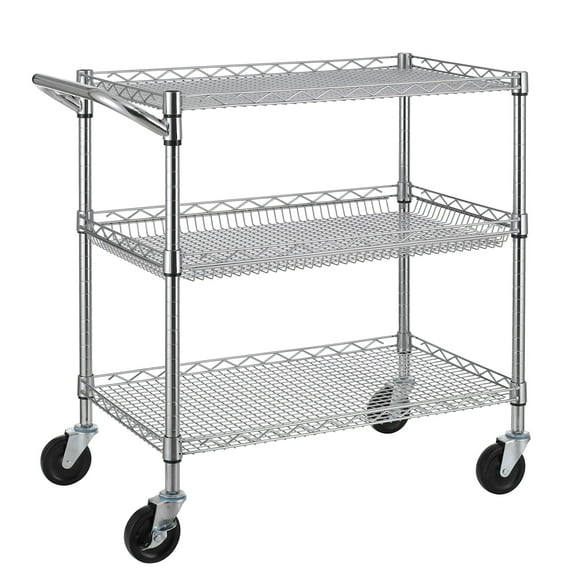 Finnhomy 3 Tier Heavy Duty Commercial Grade Utility Cart, Wire Rolling Cart with Handle Bar, Steel Service Cart with Wheels, Utility Shelf Plant Display Shelf Food Storage Trolley, NSF Lis