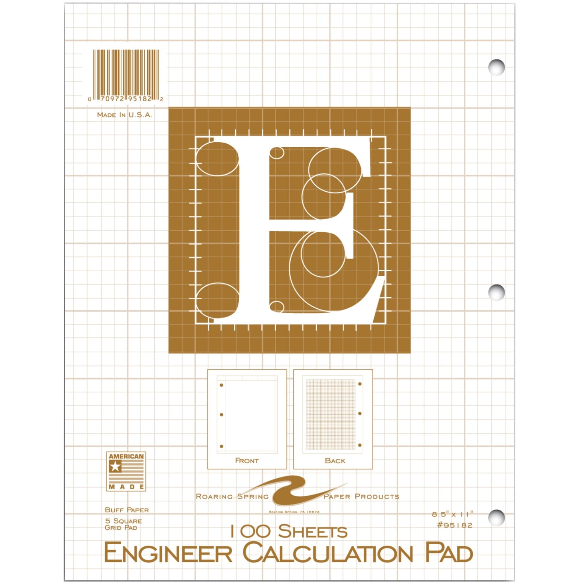 Roaring Spring 5x5 Grid Engineering Pad, 1 Case (24 Total), 15# Buff, 3 Hole Punched, 8.5" x 11" 100 Sheets, Buff Paper