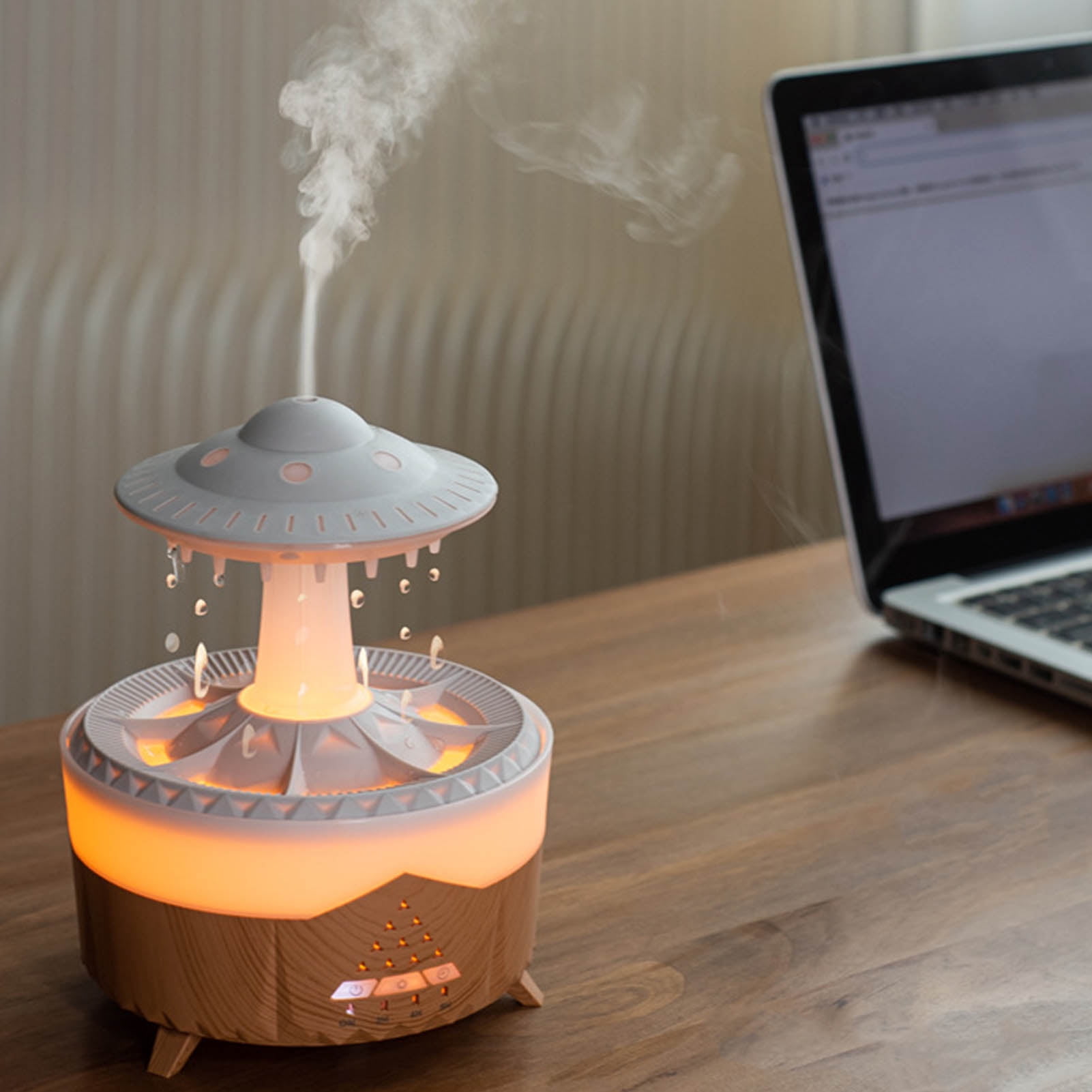 UFO Raindrop Humidifier with Colorful Lights Remote Control Timing 100‑240V Wood Grain US Plug