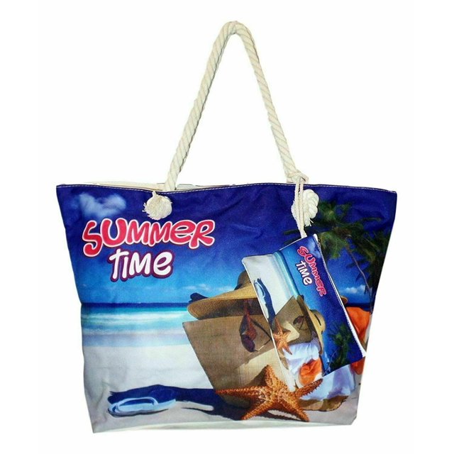 Flaskamite XL Beach Bag Tote with Zipper Closure, Extra Pouch and Rope Handles, Summer Time