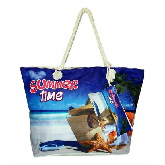 Flaskamite XL Beach Bag Tote with Zipper Closure, Extra Pouch and Rope Handles, Summer Time