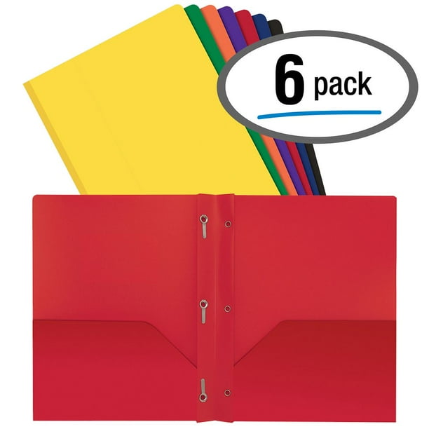 6Pack Plastic 2 Pocket Folders with Prongs/Fasteners, Heavyweight