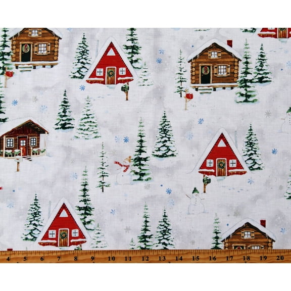 Cotton Cozy Cottage Houses Log Cabins Winter Village Town Christmas Holidays White Cotton Fabric Print by the Yard (V5190-307S-SNOW-SILVER)