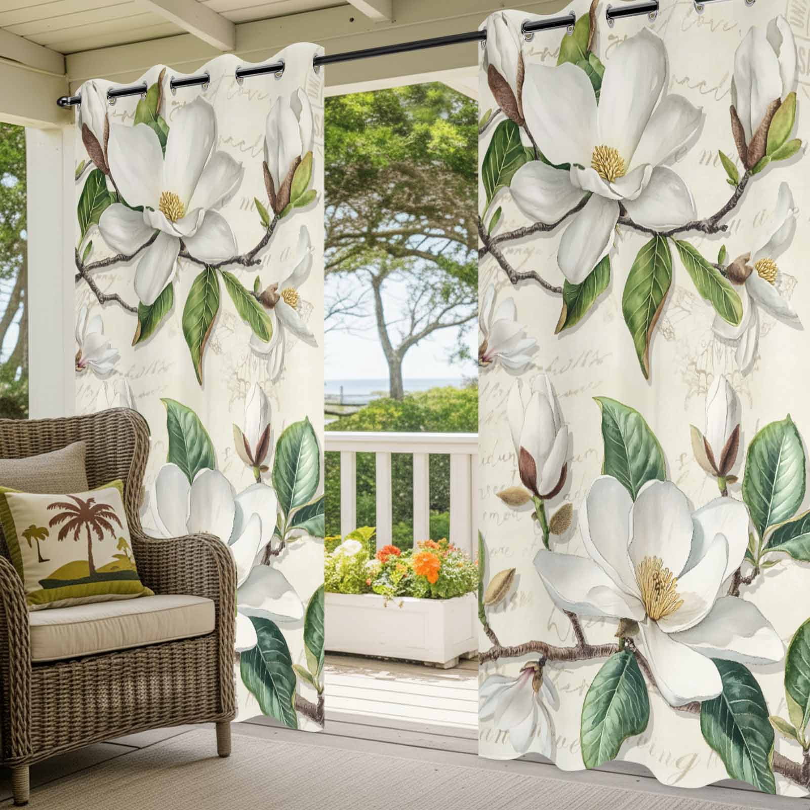 Outdoor Curtains for Patio Waterproof, Retro Flowers Windproof Pravicy Outside Porch Blackout Curtain, Farmhouse Leaf Branch Green Plants Sun Blocking Grommets Curtains for Cabana Gazebo 54"x108"