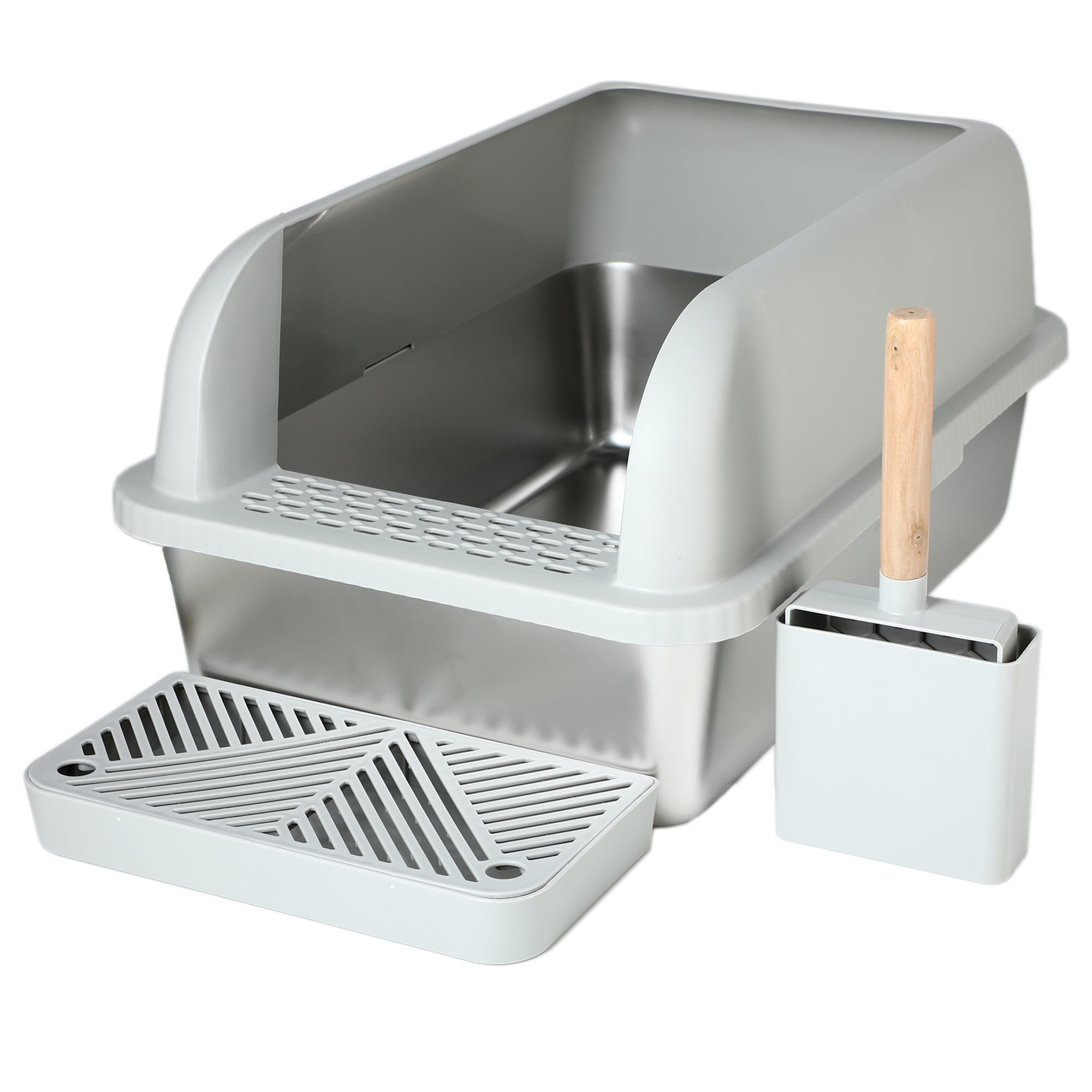 Fylica Stainless Metal Cat Litter Box, XL Extra Large Cat Litter Box, Open Top High Sided Litter Box for Multiple Cats, Anti-Leakage, Easy Cleaning, a Scoop, Scoop Holder, Step Included