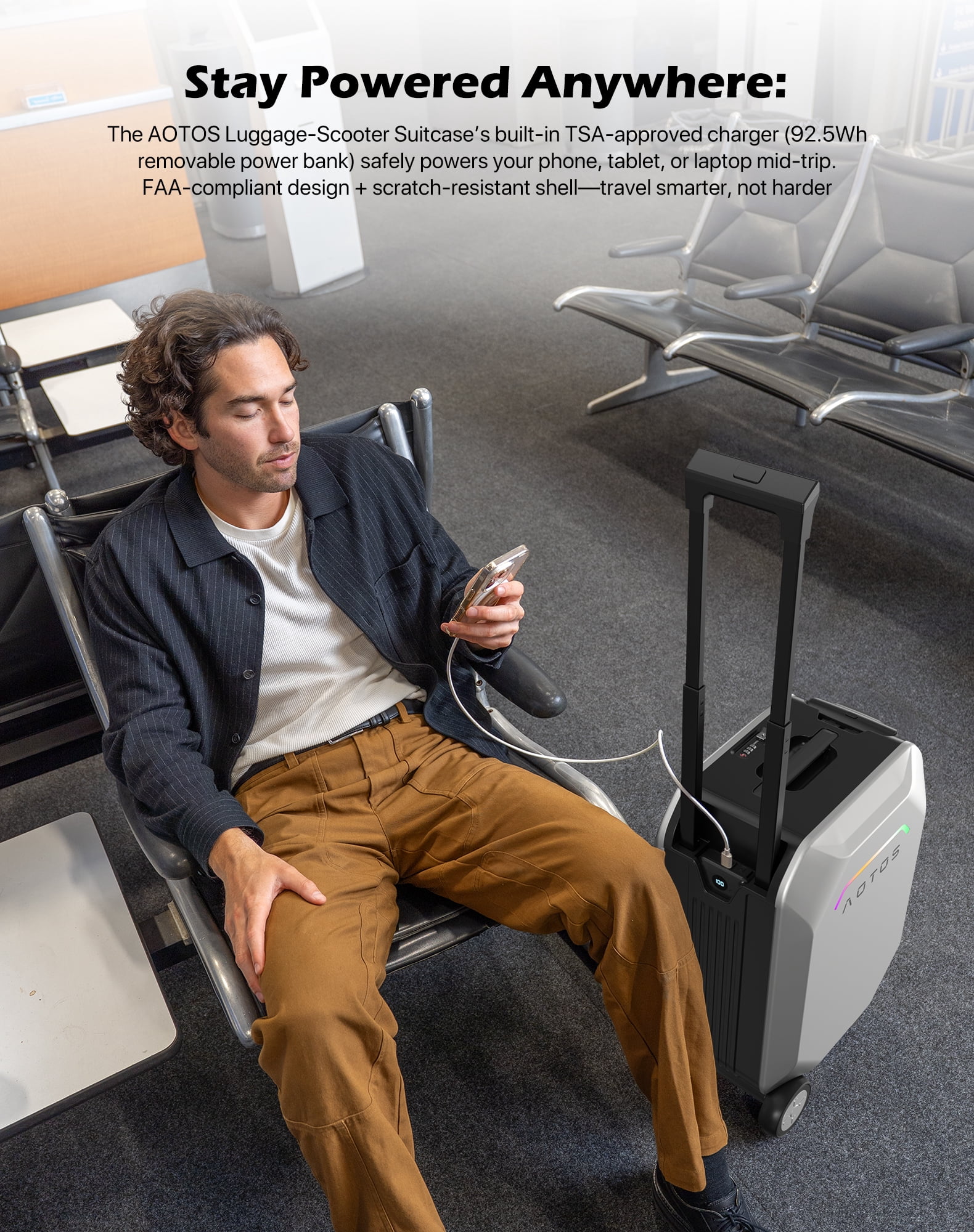 AOTOS Smart Rideable Carry-On Luggage, 22 Inch TSA-Approved Hardshell Cabin Suitcase, Zipperless Design with Rolling Wheels & App Control for Travel, Silver