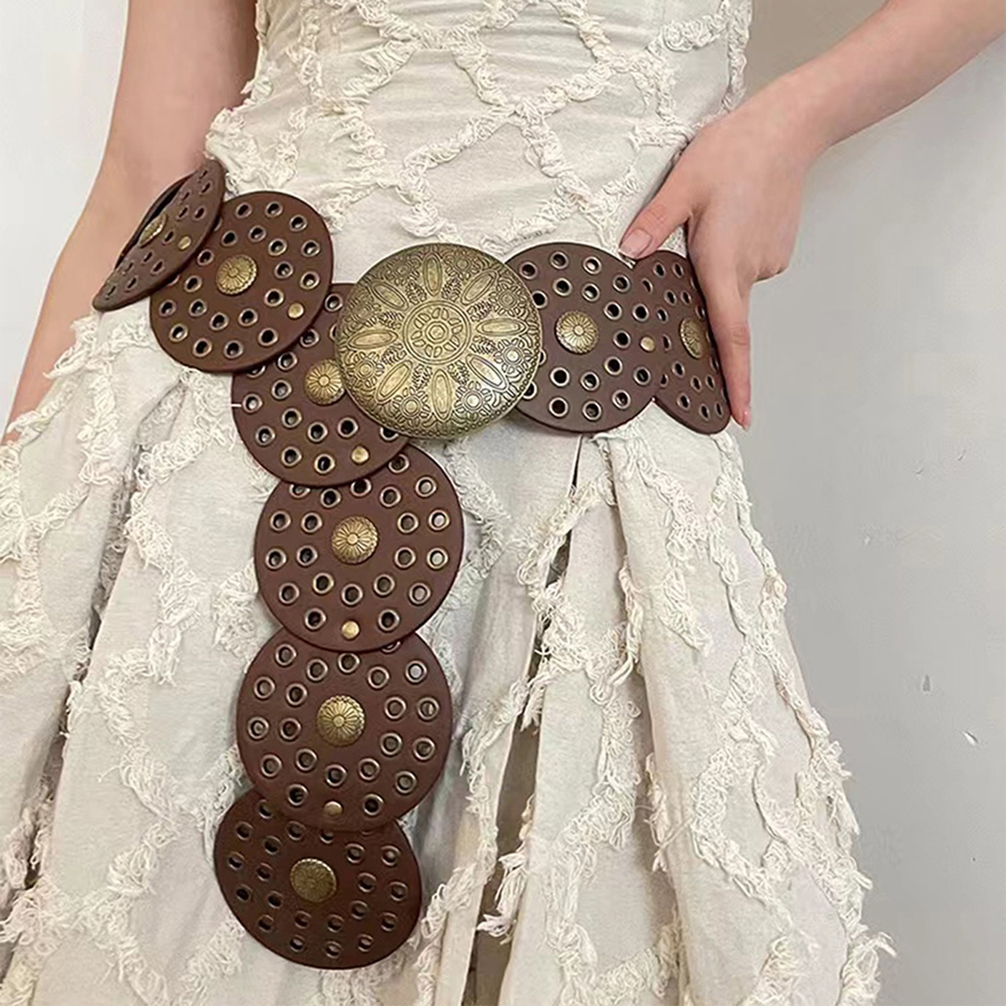 Vintage Leather BoHo Hammered Disc Belt 3 1/2 main image 3