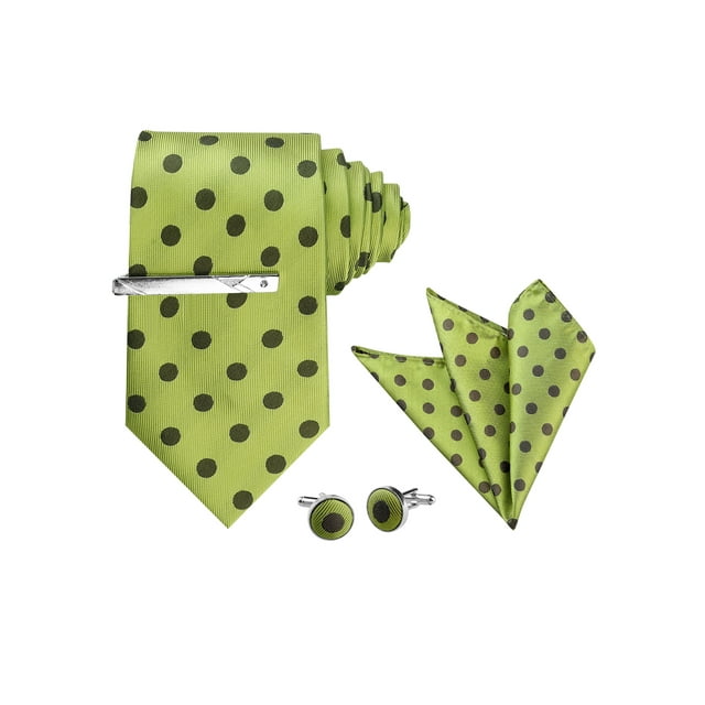 Corbata de lunares para hombres INSPIRE CHIC, juego de clip de corbata, gemelos y pañuelo de bolsillo para negocios y bodas, verde café