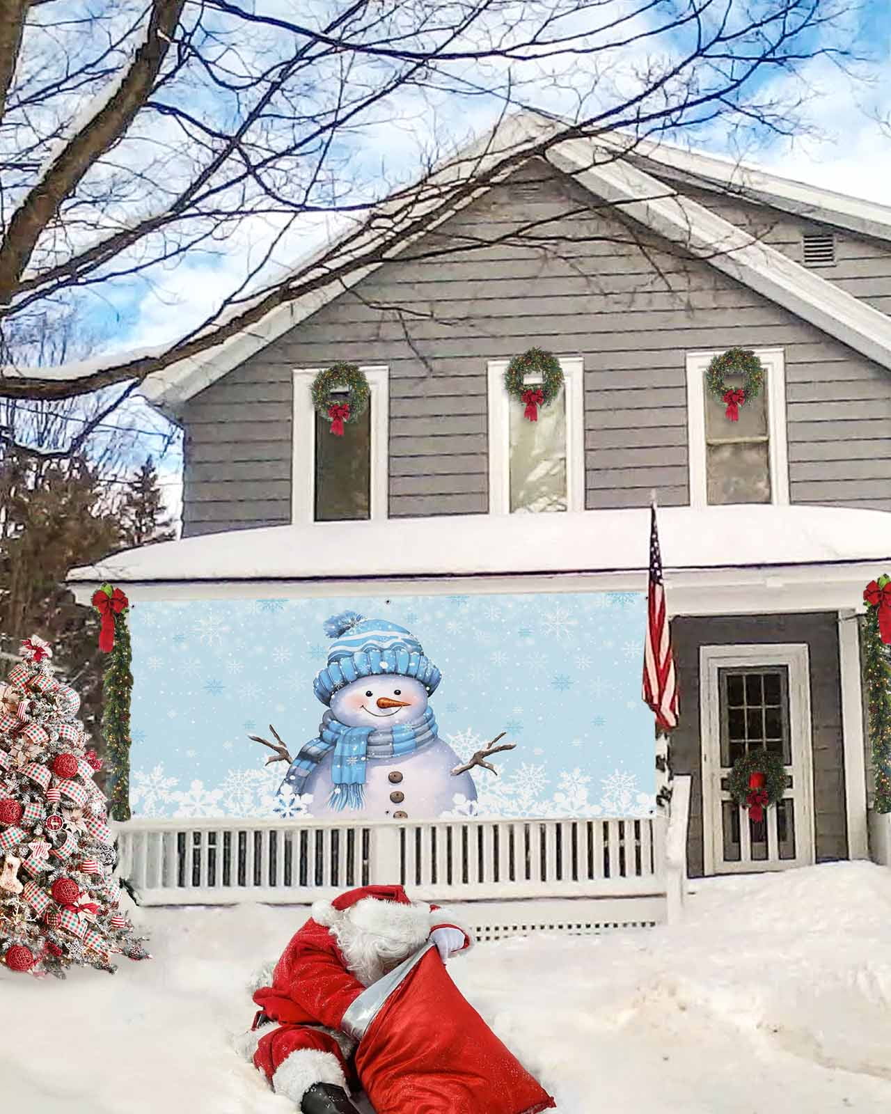 Garage Door Banner Cover 6 x 13 ft, Light Blue Christmas Snowman with Cap Xmas Tree Snowflake Christmas Garage Door Decorations Holiday Christmas Backdrop Decor for Winter New Year Xmas Party
